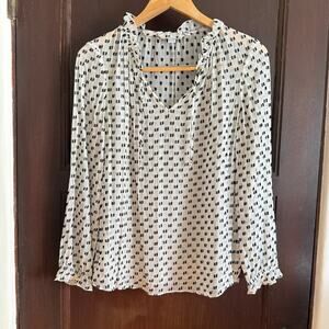 BODEN | White and Black Silk Chiffon Clip Dot Boho Split Neck Top | US Size 6